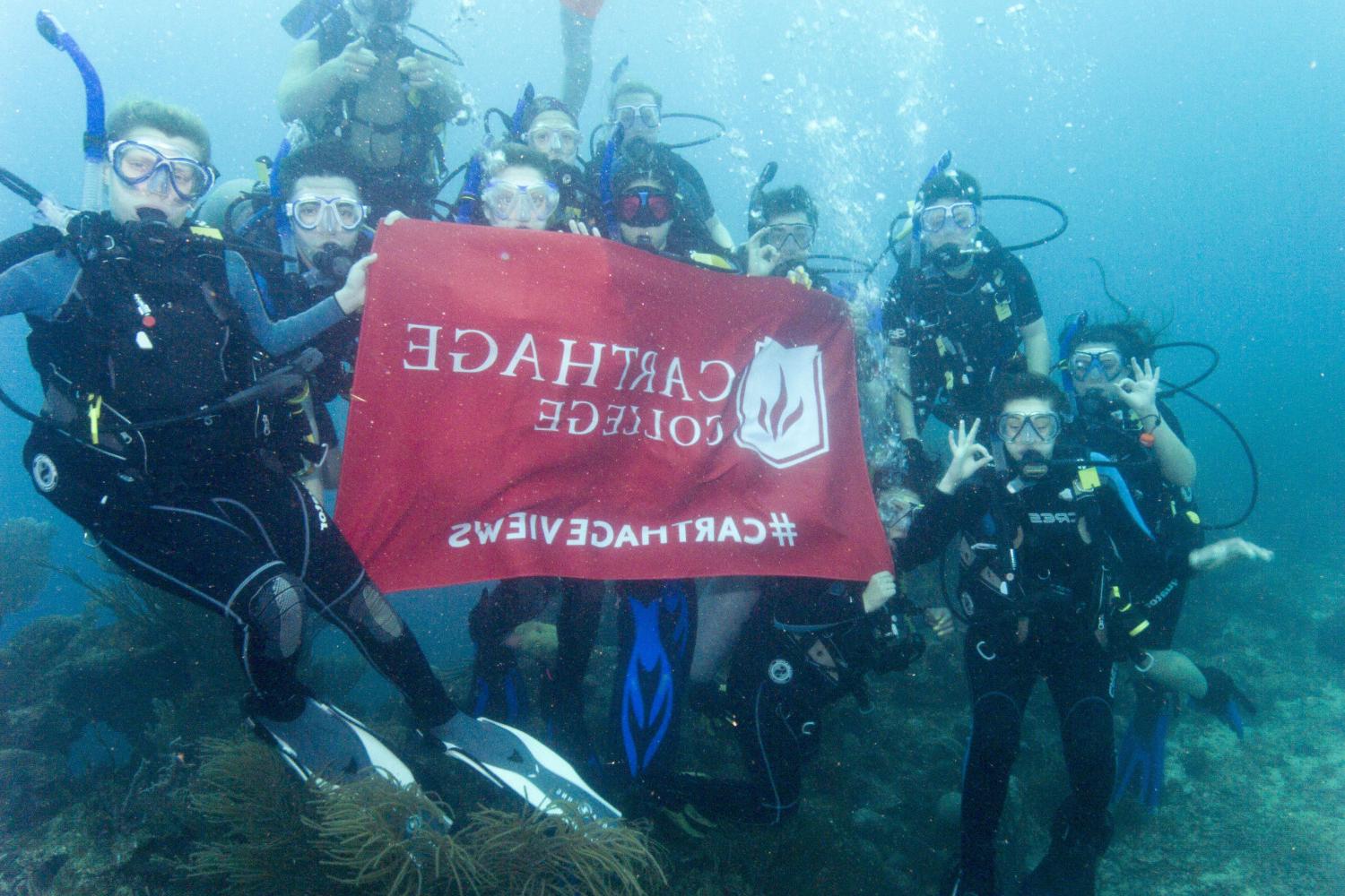 学生们手持<a href='http://q469jy.gafmacademy.com'>博彩网址大全</a>旗帜，在j学期洪都拉斯游学之旅中潜水.